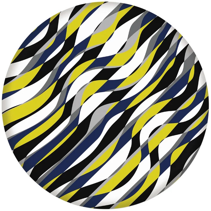 Egy kör alakú design, sárga, sötétkék, fekete, szürke és fehér hullámos sávokkal.