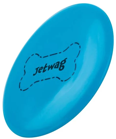 Egy kék, ovális alakú frizbi a "Jetwag" felirattal, egy csont alakú körvonalon belül.