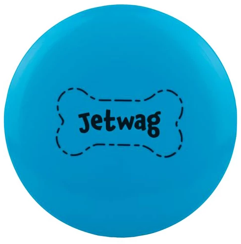 Egy kék frizbi, a 'Jetwag' szóval egy csont alakú körvonalban.