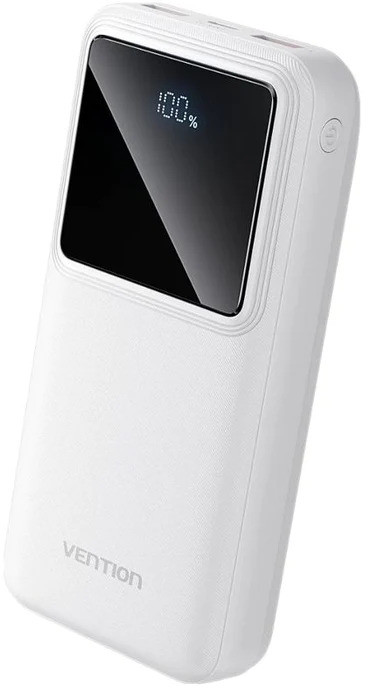 Egy fehér Vention power bank 100%-ot mutat fekete képernyőn. Van rajta bekapcsológomb és töltőportok.