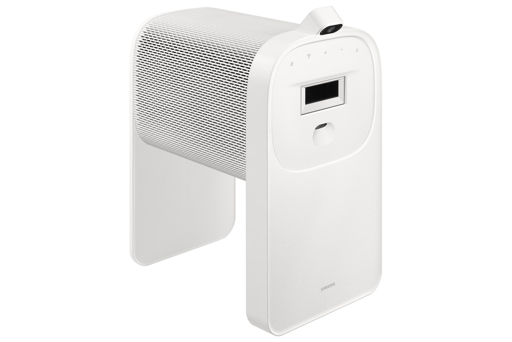 Un dispositivo blanco y moderno con altavoz, cámara y pantalla. Se apoya en dos patas. El logotipo de Samsung es visible.