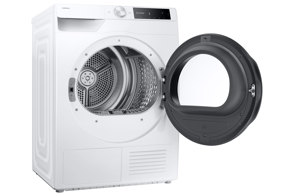 Una secadora Samsung blanca con la puerta abierta. El tambor es visible y hay un panel de control en la parte superior.