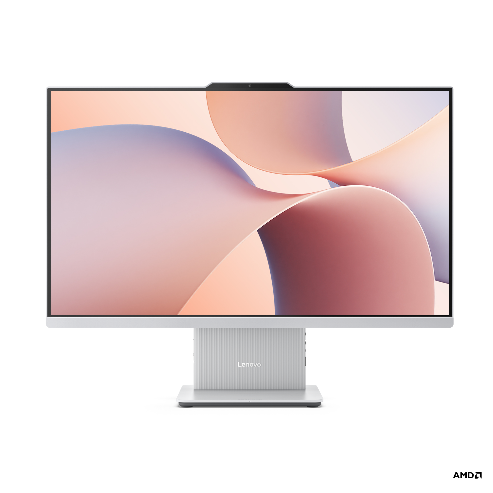 Lenovo hepsi bir arada PC. Pembe ve mor soyut şekiller gösteren beyaz çerçeve ve ekran. AMD logolu siyah taban.