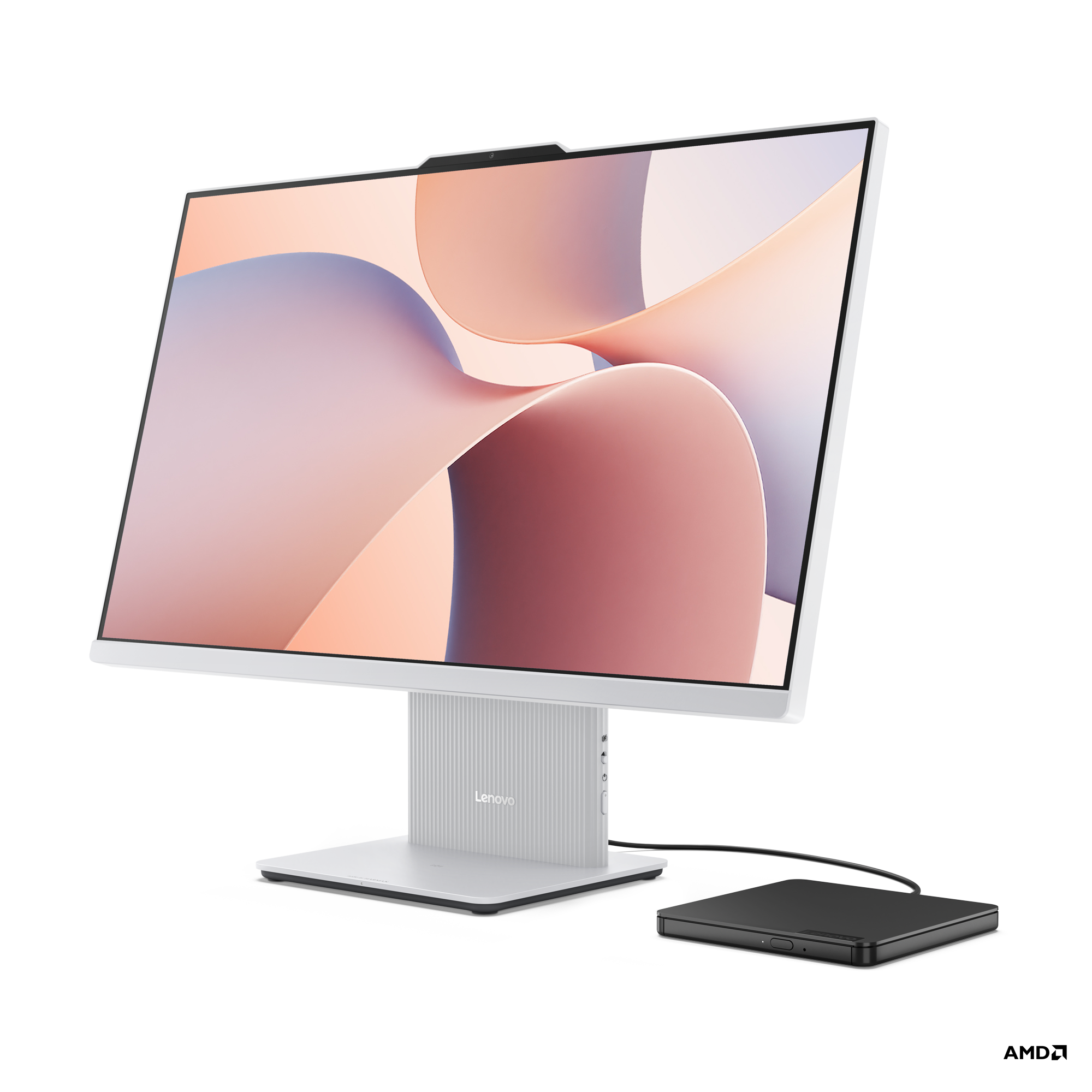 Beyaz Lenovo hepsi bir arada PC. Soyut sanat sergileyen büyük bir ekranı var. Sağda siyah bir harici sürücü.