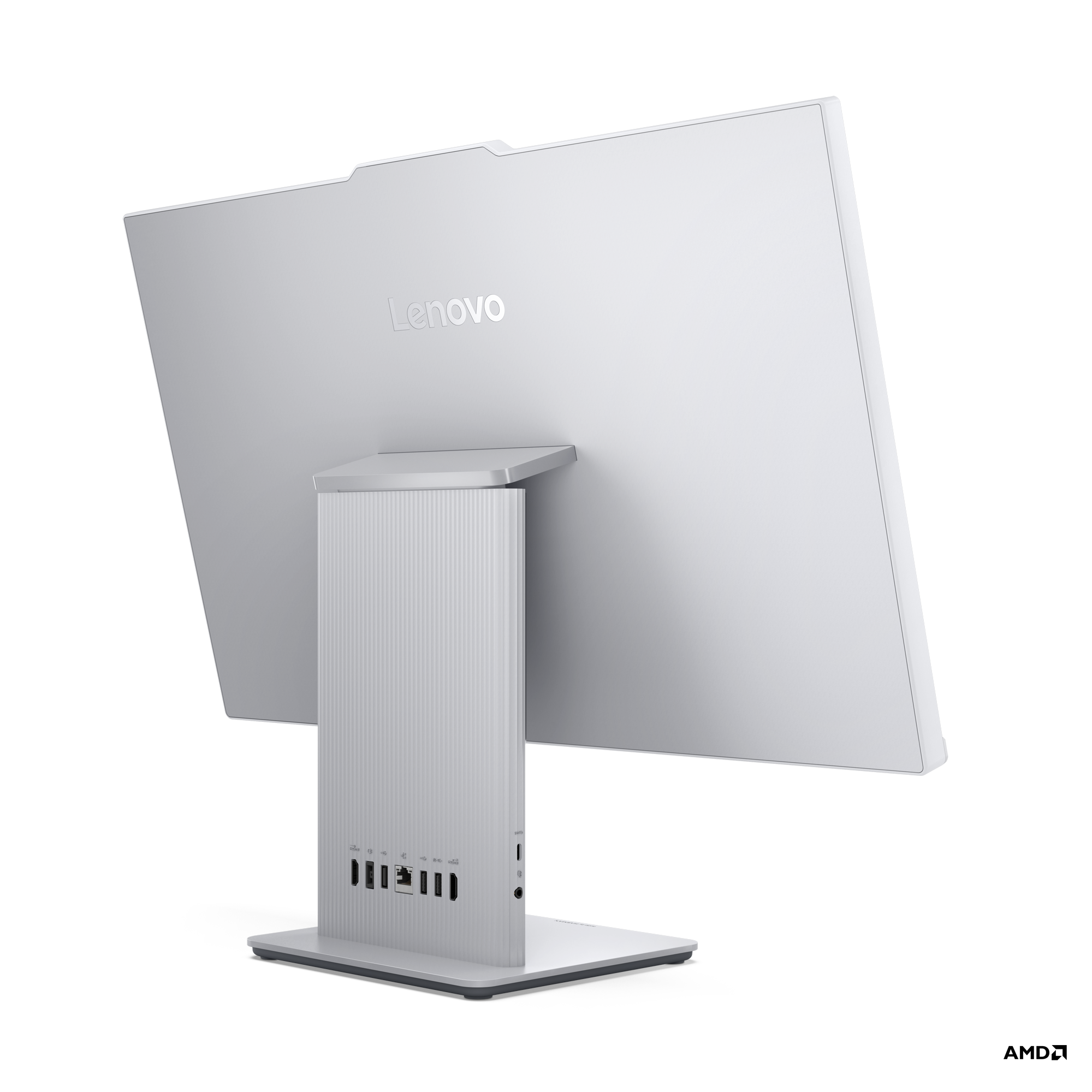 Gümüş renkli bir Lenovo hepsi bir arada bilgisayar. Arkası ekranı, standı ve bağlantı noktalarını gösterir. Lenovo logosu görünür.