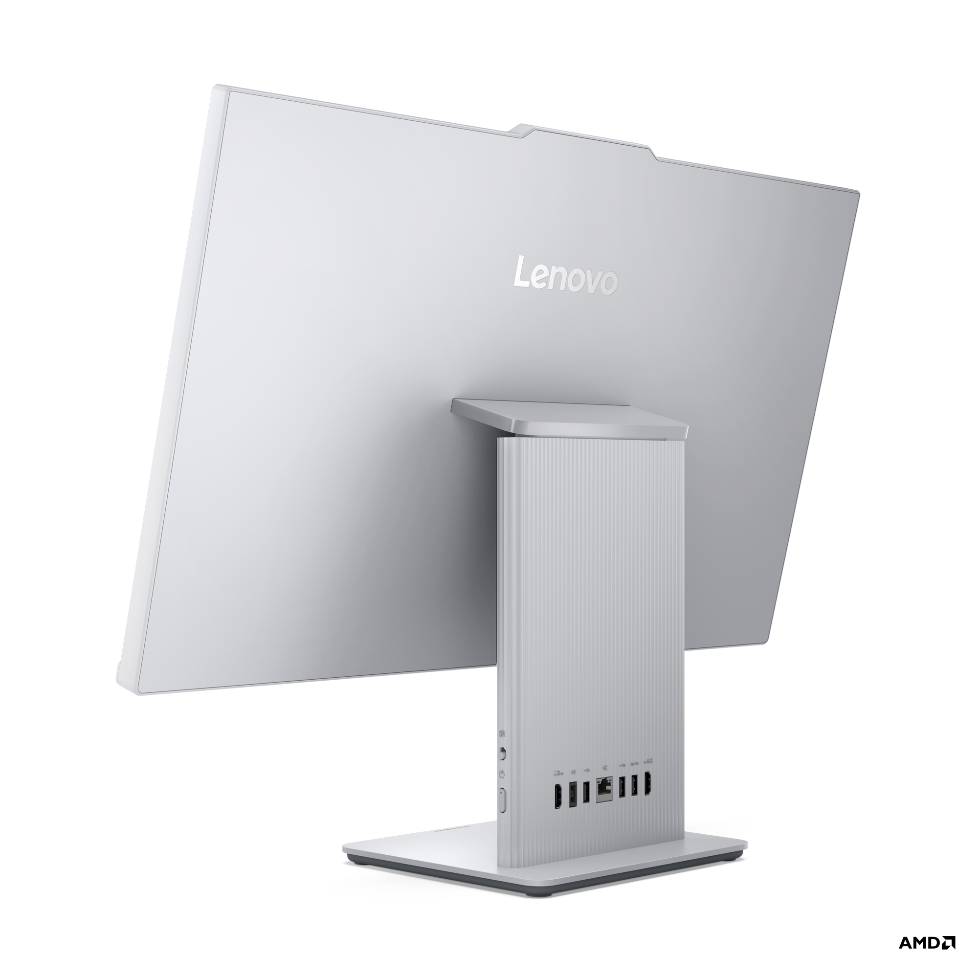 Beyaz bir Lenovo hepsi bir arada bilgisayar. Monitörün arkası, Lenovo logosunu ve bağlantı noktalarını gösteriyor.