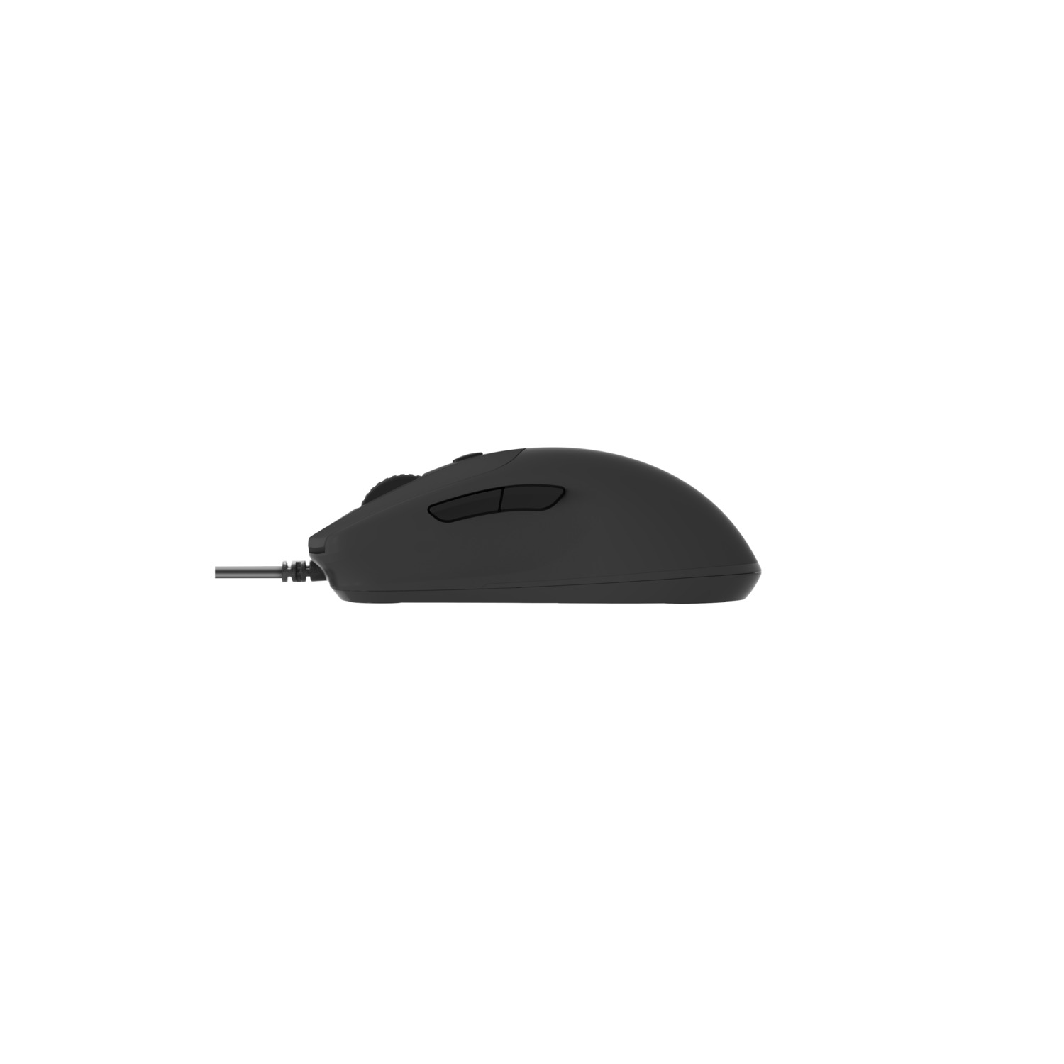 A black computer mouse on a white background. The mouse has two buttons and a scroll wheel. A cable extends from the mouse.
