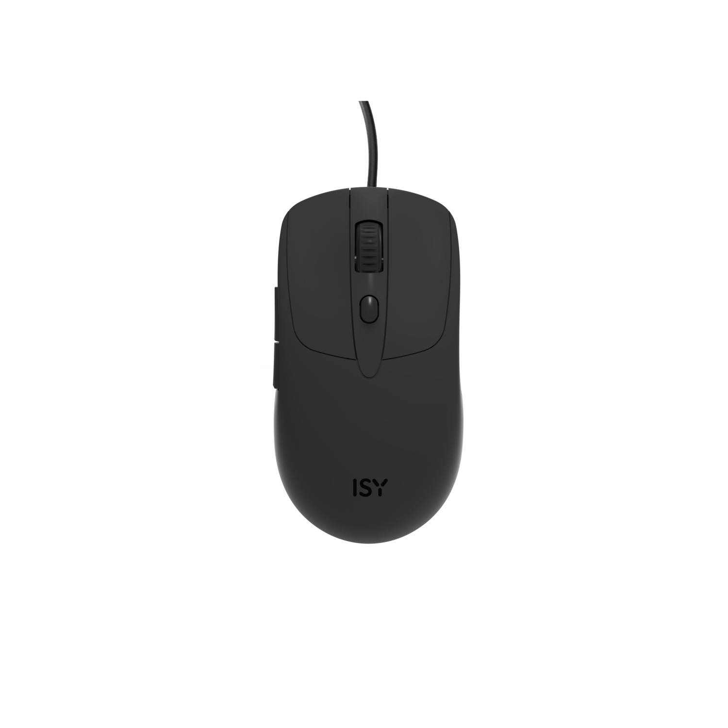 A black computer mouse with a scroll wheel and buttons. The brand name 'ISY' is visible on the mouse.