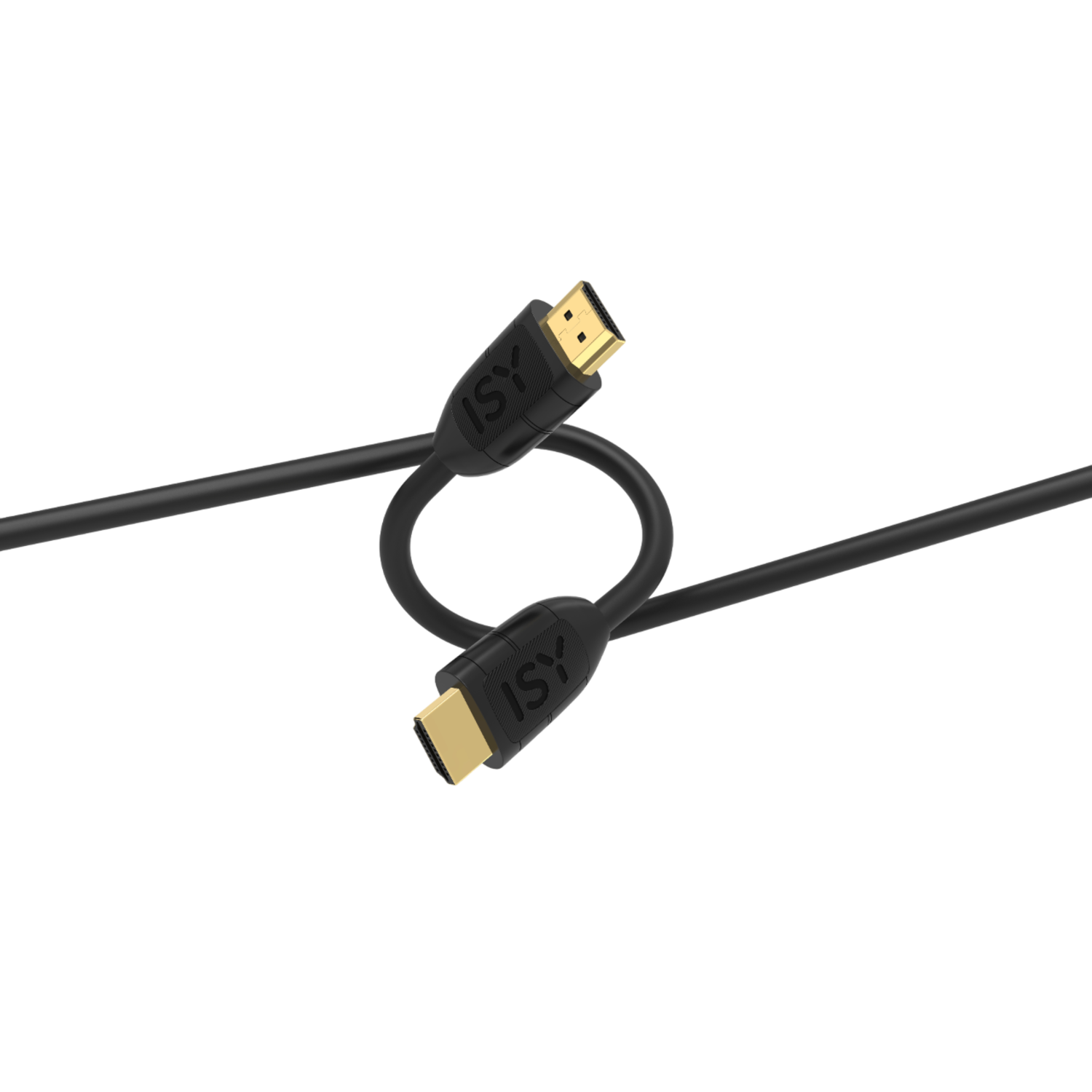 Een zwarte HDMI-kabel met gouden connectoren tegen een zwarte achtergrond. De kabel is gebogen, met het ISY-logo zichtbaar.