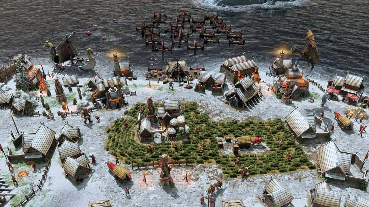 Un pueblo vikingo con barcos largos en el agua. Se ven edificios, gente y un campo verde con cultivos en un suelo nevado.
