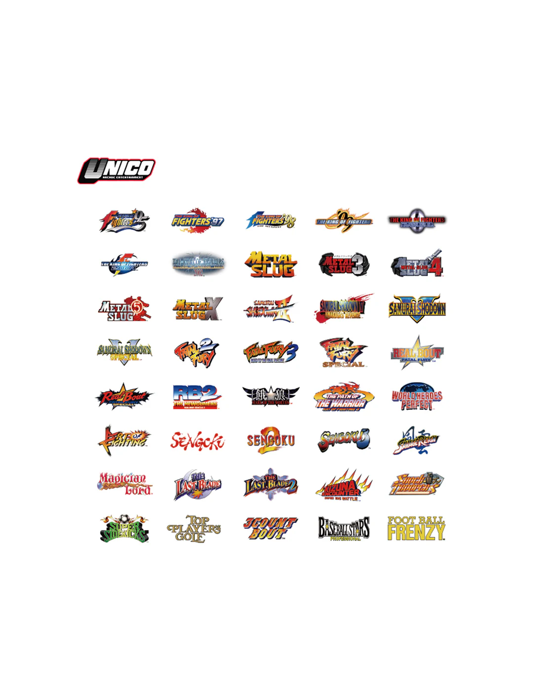 Una colección de logotipos de juegos arcade, incluyendo títulos como Metal Slug, King of Fighters y Samurai Shodown, sobre fondo blanco.