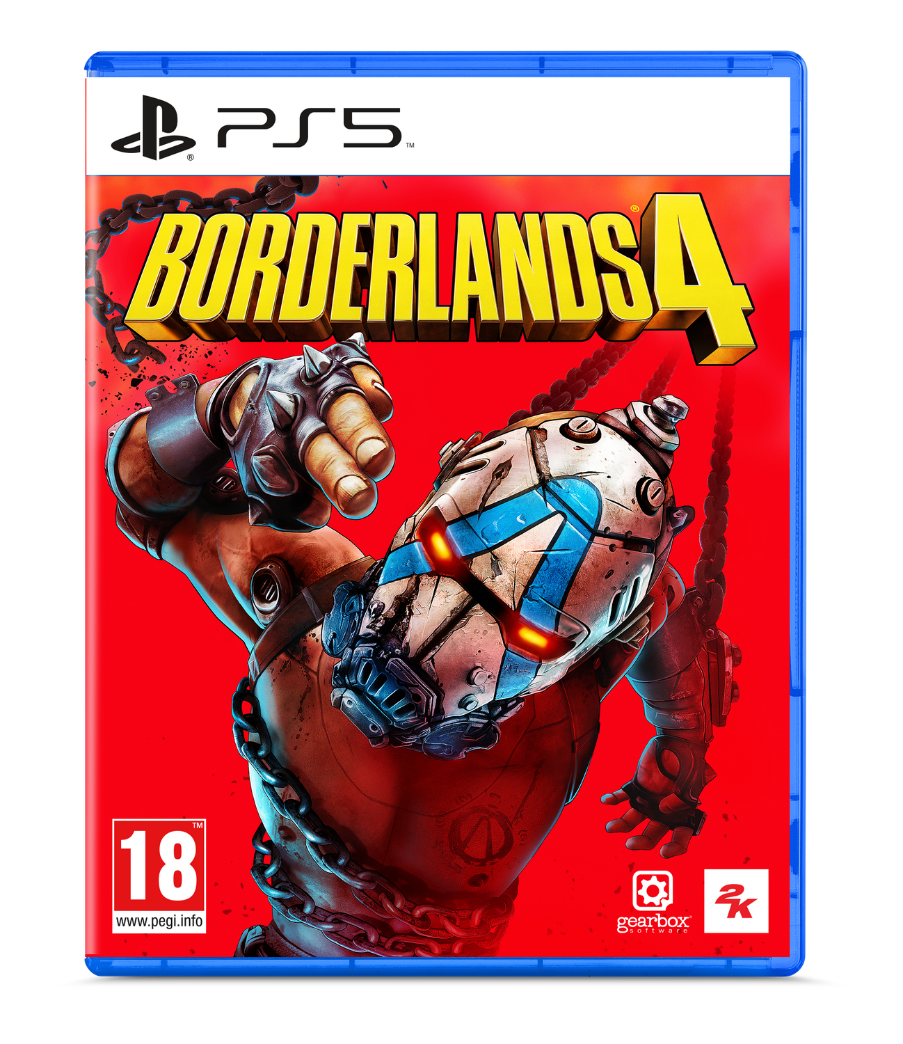 Funda del juego Borderlands 4. La portada muestra un personaje con casco, cadenas y fondo rojo. El logo de PS5 está arriba.