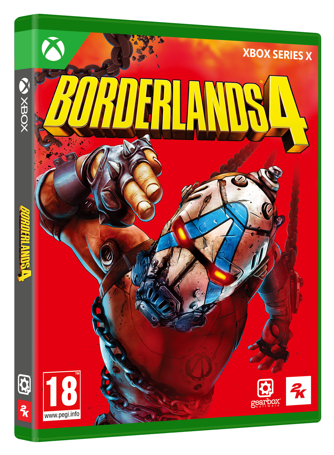 Arte de la caja de Borderlands 4. Muestra un personaje robótico con cabeza azul y blanca, ojos rojos y detalles de cadenas sobre fondo rojo.