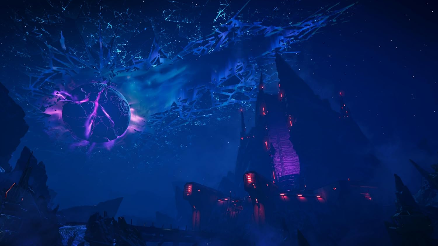 Una escena celestial con un objeto similar a un planeta que emite energía púrpura. Una estructura oscura con luces rojas a la derecha. Un cielo estrellado.