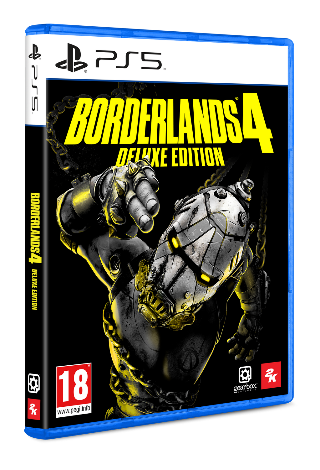 Borderlands 4 Deluxe Edition para PS5. Un personaje robótico con una mano que señala está en la portada, negro y amarillo.