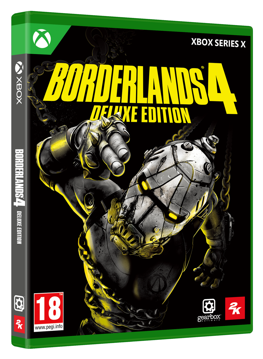 Portada del juego Borderlands 4 Deluxe Edition para Xbox. Una figura robótica apunta hacia adelante, con texto amarillo sobre fondo negro.