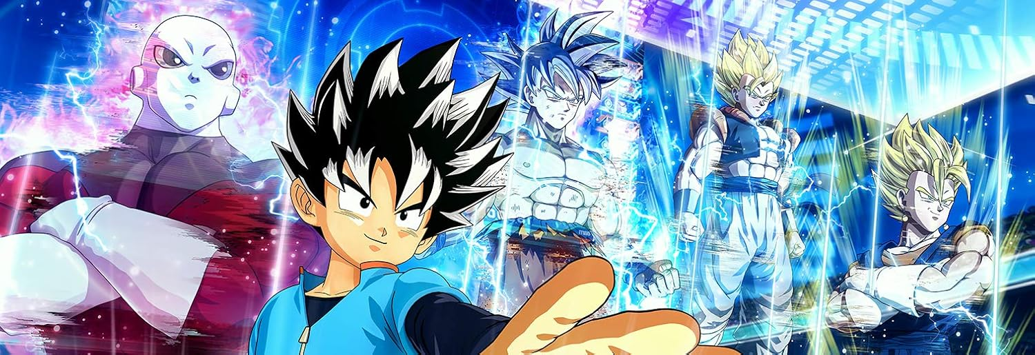 Una imagen de estilo anime con múltiples personajes. Goku y otros luchadores se destacan con un fondo de energía azul.