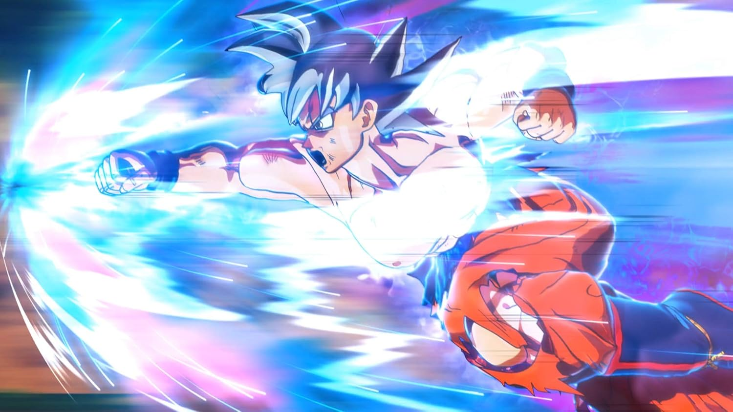 Goku ataca con una explosión de energía azul. Spider-Man en el fondo. Pose dinámica, colores vibrantes.