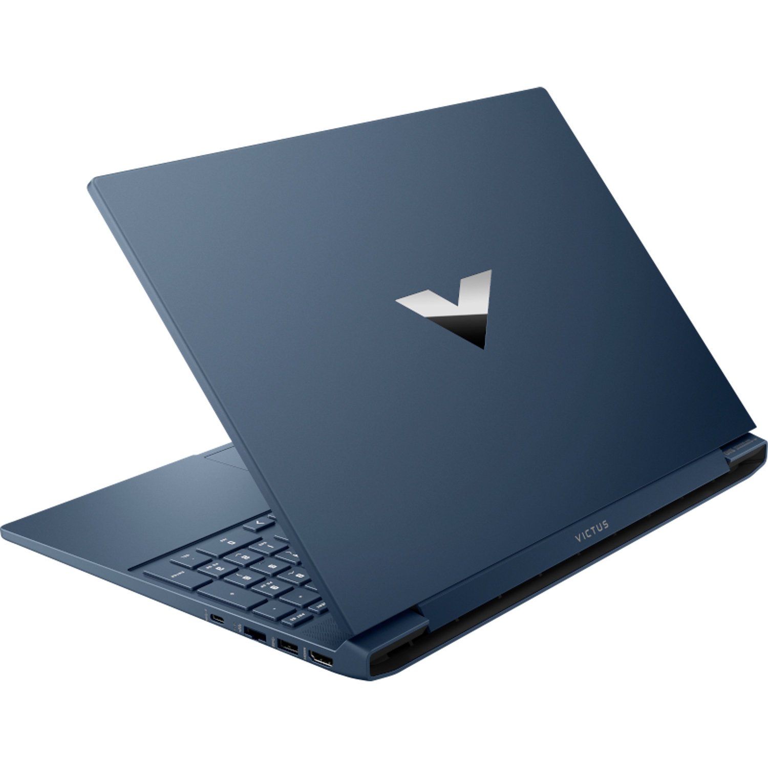 Una computadora portátil azul está ligeramente abierta, mostrando un teclado y la parte trasera con un logotipo. La palabra "VICTUS" es visible.