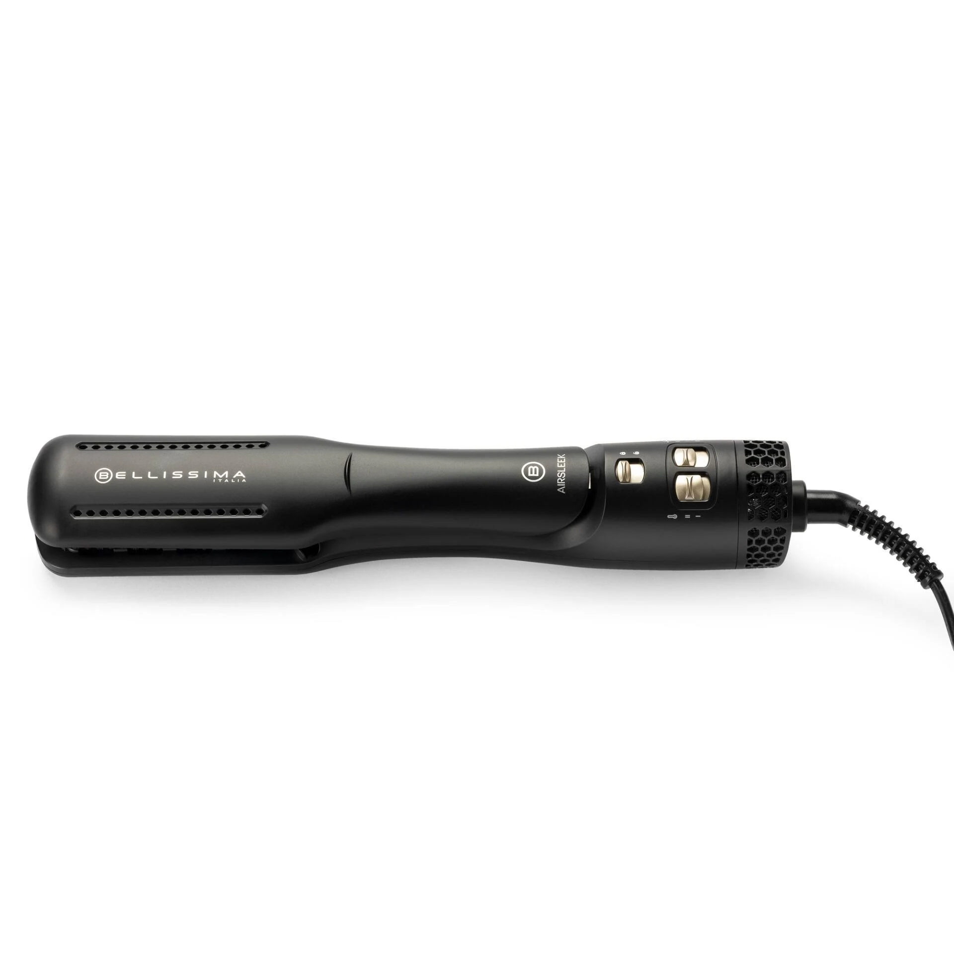 Herramienta negra para peinar el cabello sobre fondo blanco. Tiene botones y un cable. La marca es visible.