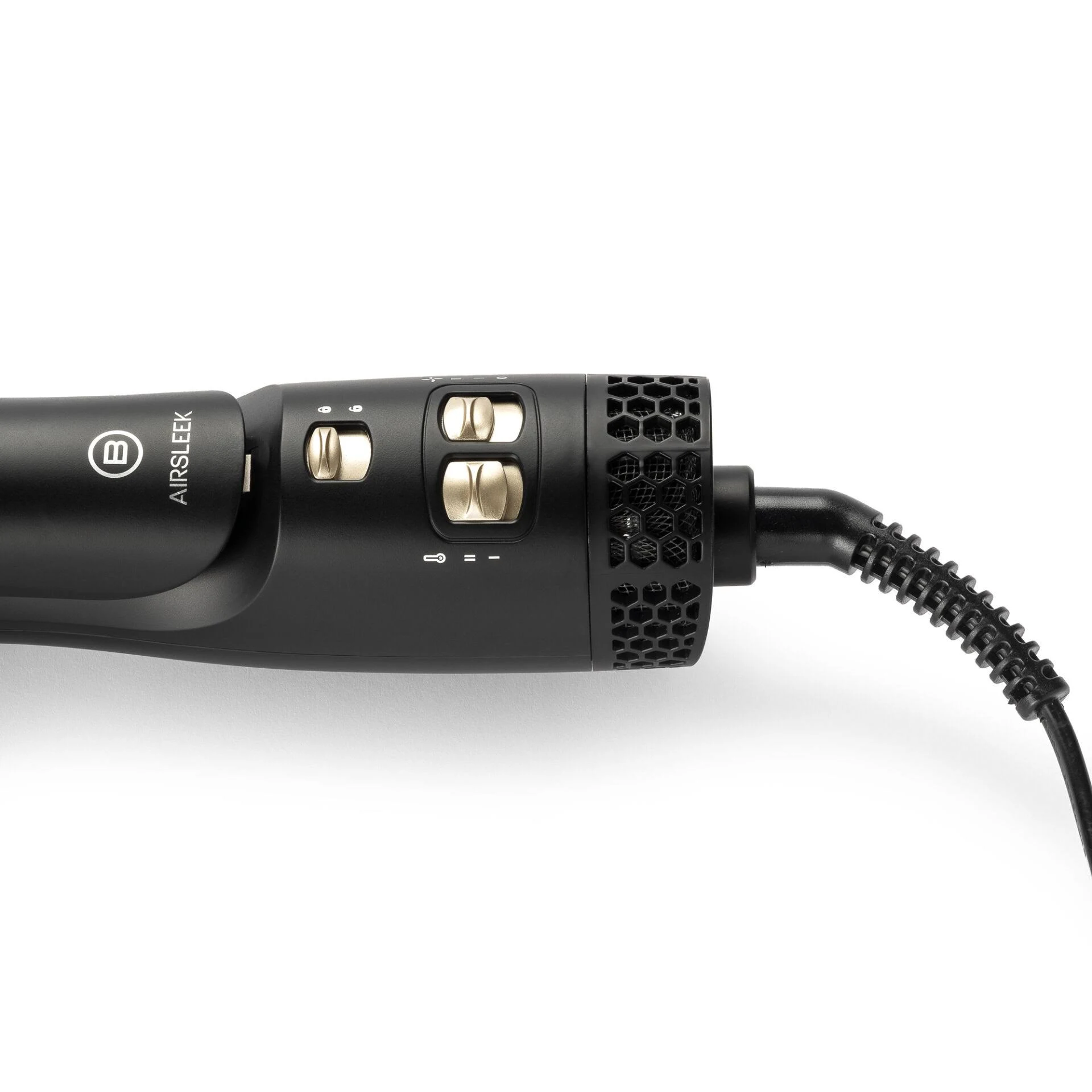 Un secador de pelo AirSleek negro con ajustes ajustables y un cable de alimentación negro sobre un fondo blanco.