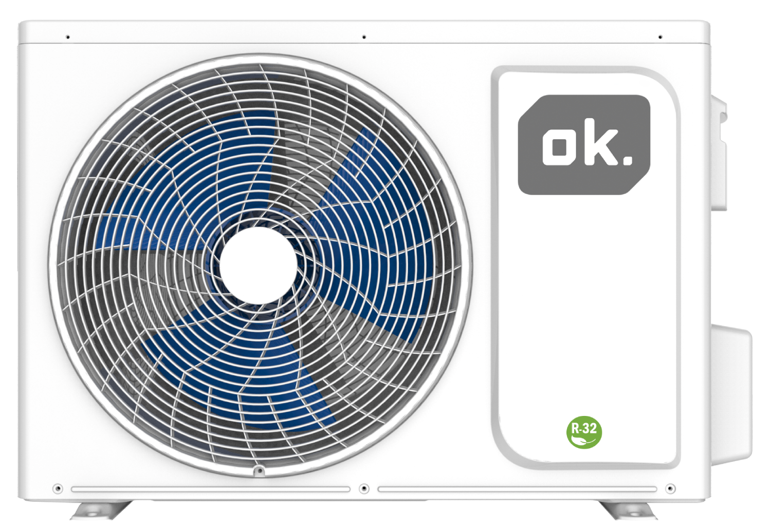 Unidad de aire acondicionado blanca con ventilador, aspas azules y la palabra 'ok.'.