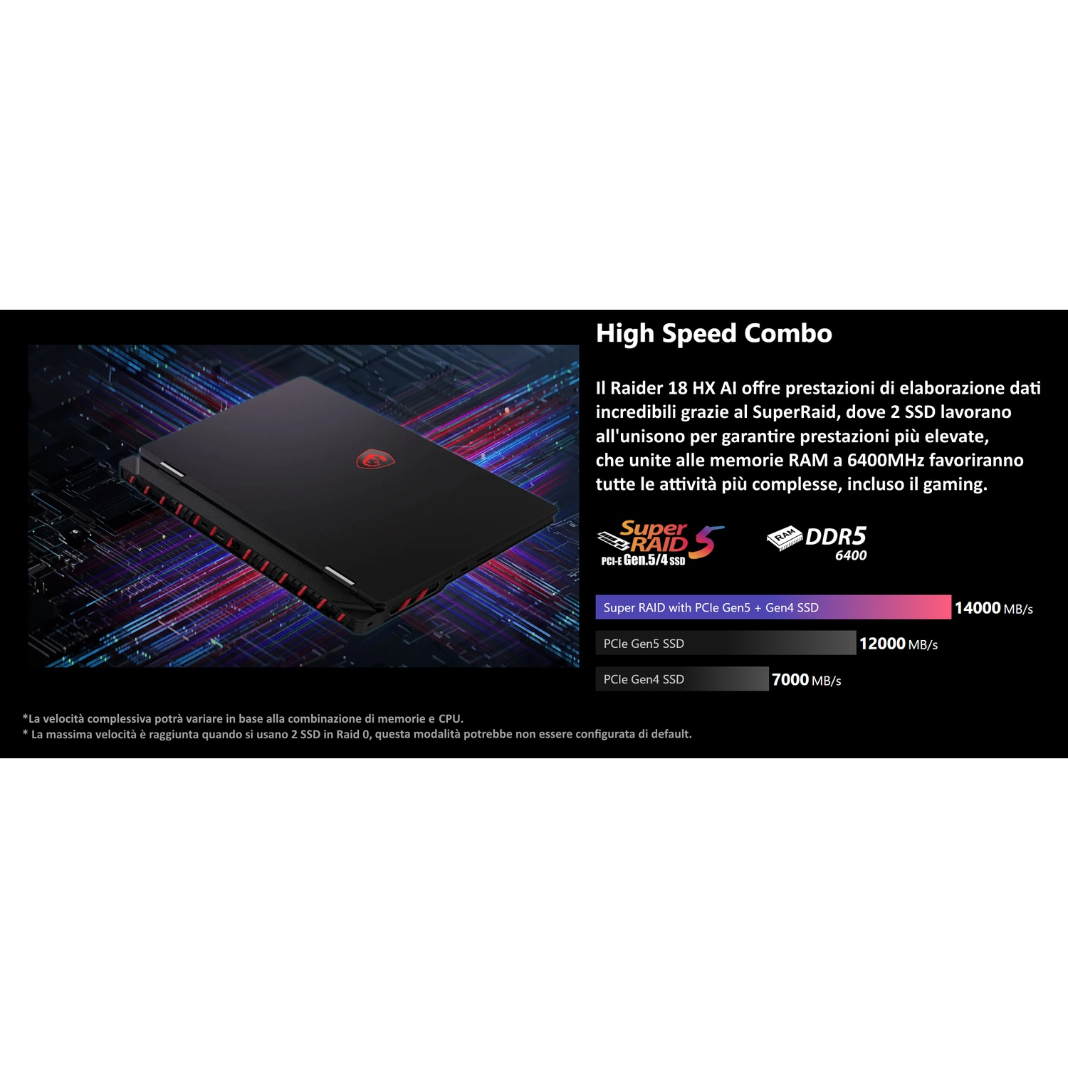 Laptop nero con dettagli rossi, logo MSI. Testo: High Speed Combo, Super RAID, DDR5 e metriche di velocità.