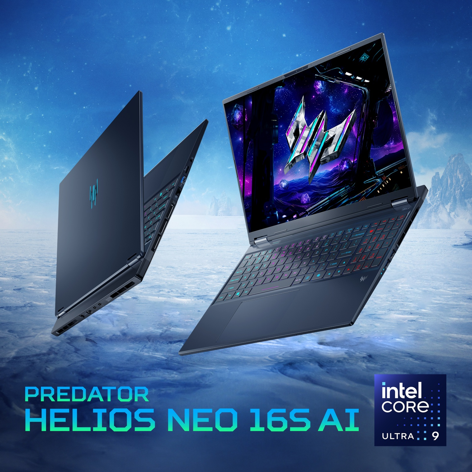 Due laptop Predator Helios Neo 16S AI con coperchi aperti. Uno mostra uno schermo a tema spaziale, l'altro il logo Predator. Sfondo blu.