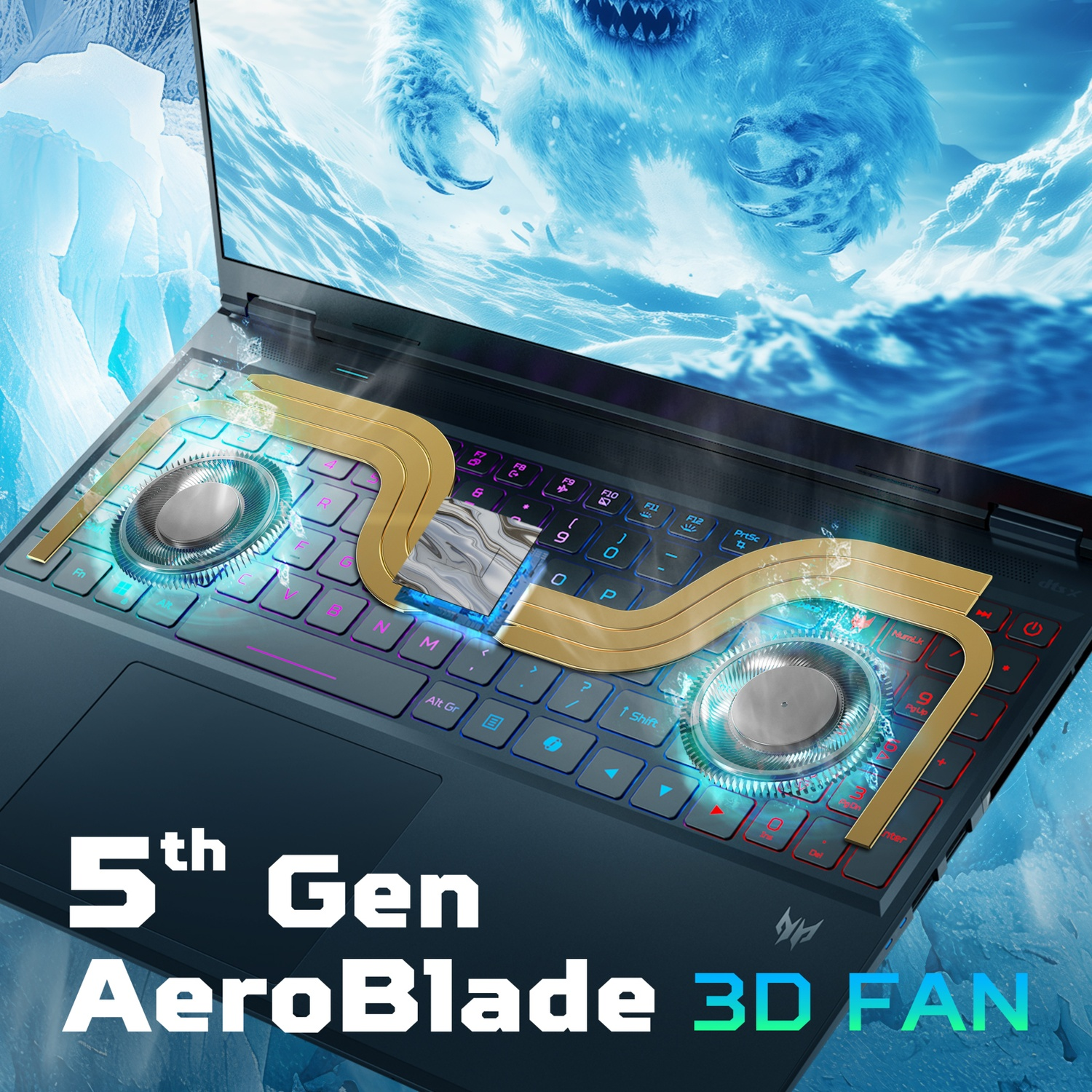 Laptop con tastiera, tubi di raffreddamento dorati e immagine di yeti sullo schermo. Testo: 5th Gen AeroBlade 3D FAN.