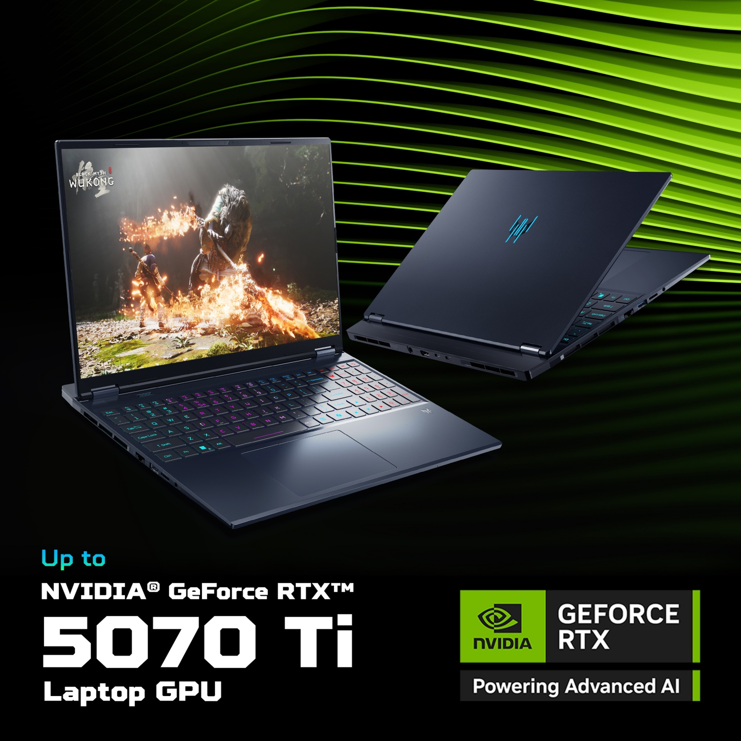 Due laptop, uno aperto che mostra un gioco, l'altro chiuso. Il testo promuove NVIDIA GeForce RTX 5070 Ti Laptop GPU.