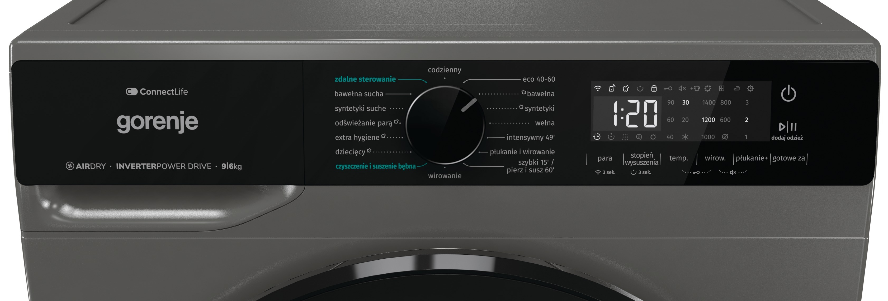 Panel sterowania pralki. Wyświetla czas, programy i ustawienia. Zawiera pokrętło i wyświetlacz cyfrowy.