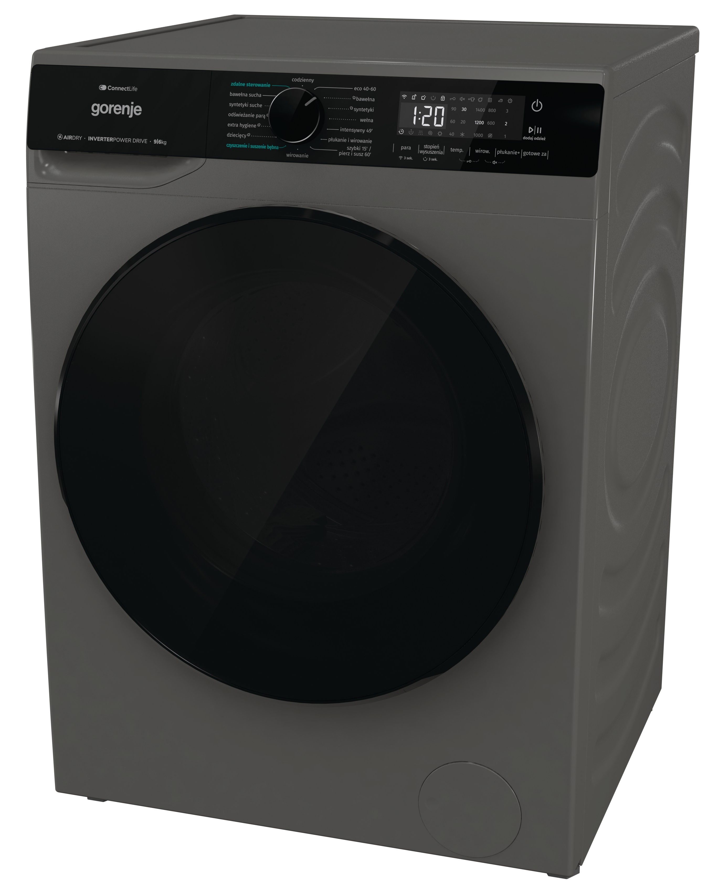 Szara pralka z czarnymi drzwiami, panelem sterowania i cyfrowym wyświetlaczem czasu i ustawień.