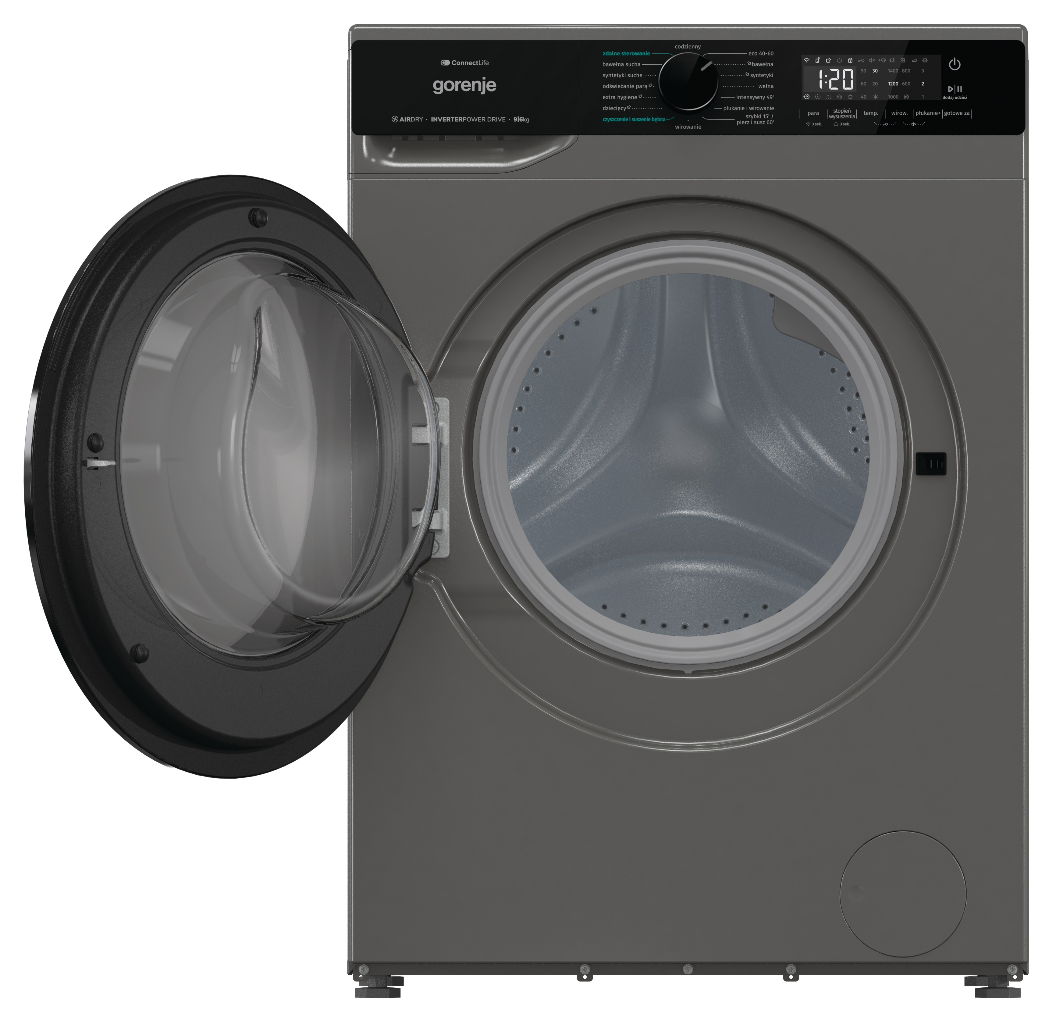 Szara pralka z otwartymi drzwiami. Drzwi są czarne i przezroczyste. Panel sterowania na górze.