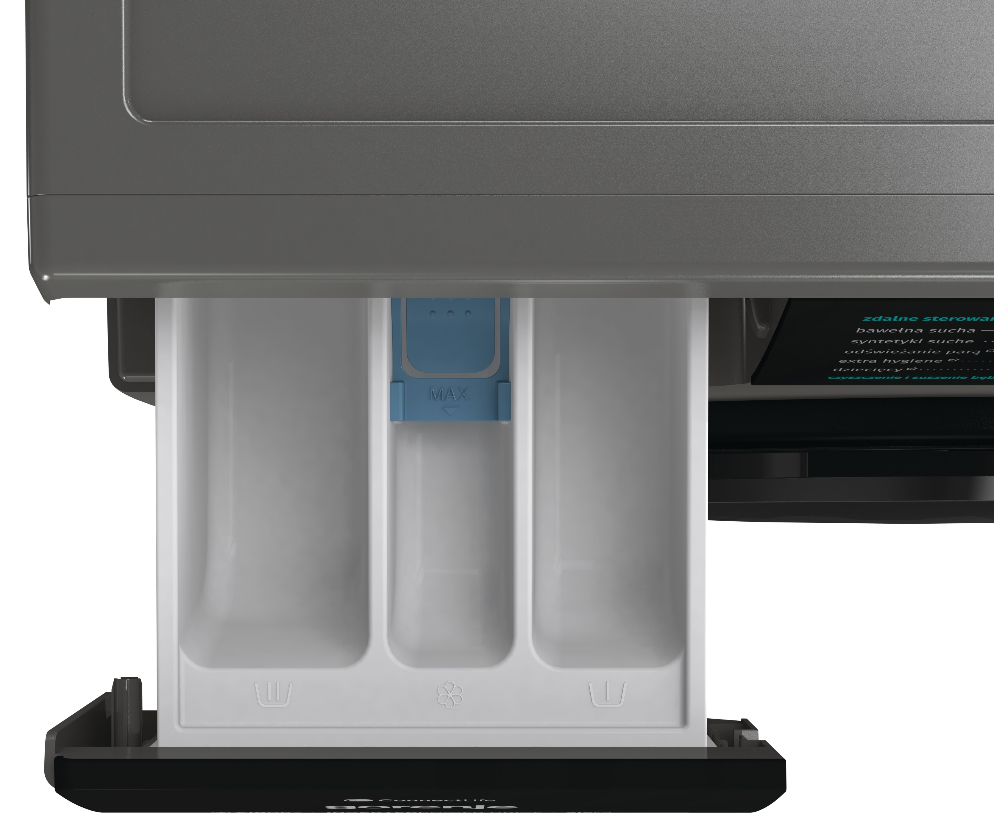 Zbliżenie szuflady pralki. Jest biała i ma niebieską sekcję. Maszyna jest szara i czarna.