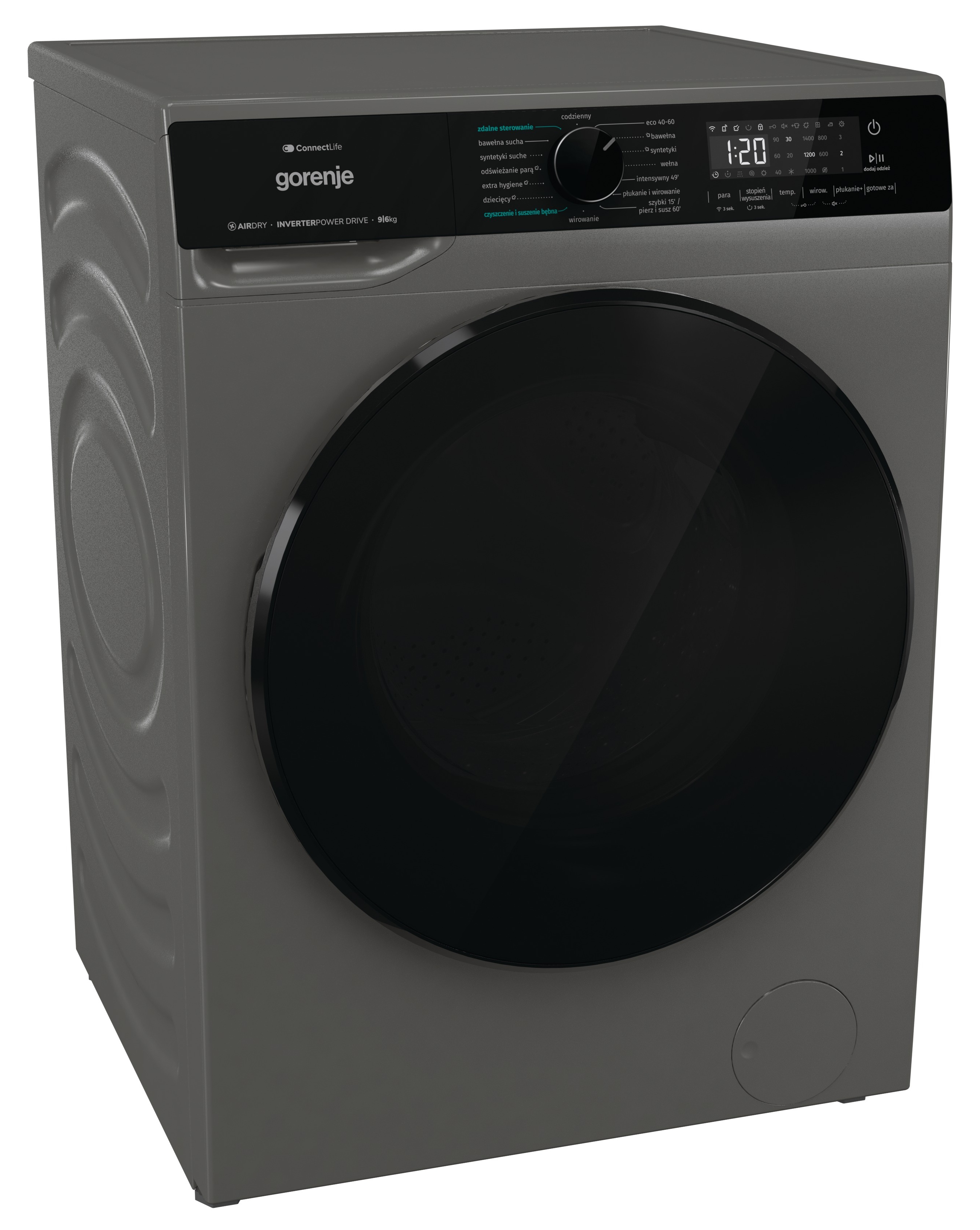 Szara pralka Gorenje z czarnymi drzwiami i panelem sterowania, wyświetlająca timer.