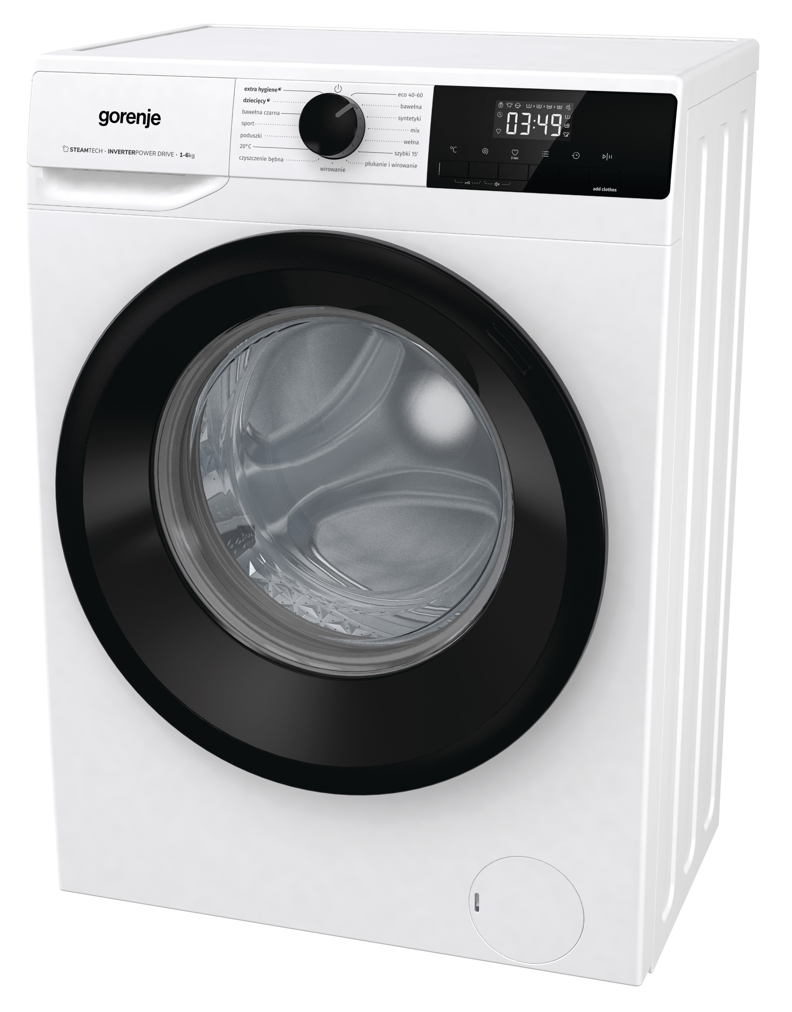 Biała pralka Gorenje z czarnymi drzwiami. Wyświetlacz pokazuje 03:49. Kontrolki obejmują temperaturę i ustawienia cyklu.