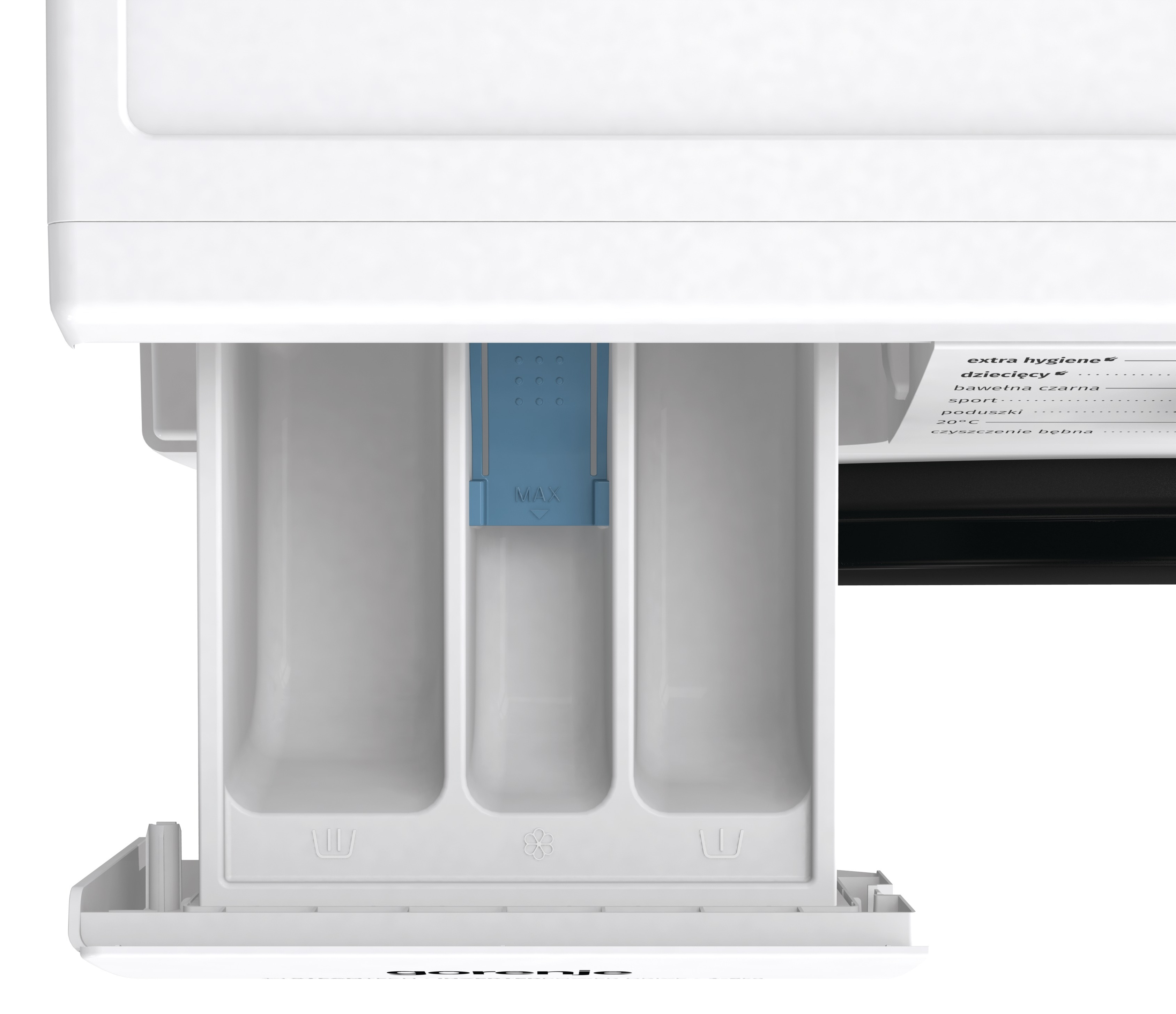 Zbliżenie szuflady na detergent pralki, biały plastik z niebieskimi akcentami. Etykiety po prawej stronie.