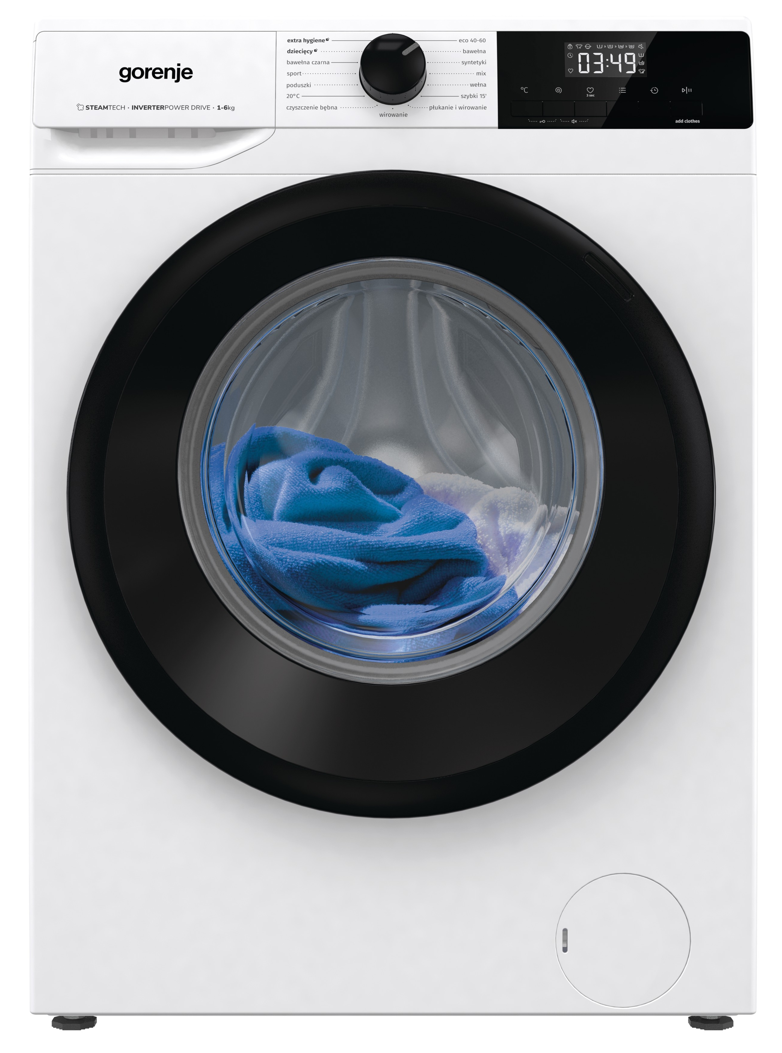 Biała pralka z czarnymi drzwiami. Niebieskie ubrania widoczne w szklanym bębnie. Wyświetlacz cyfrowy pokazuje czas.