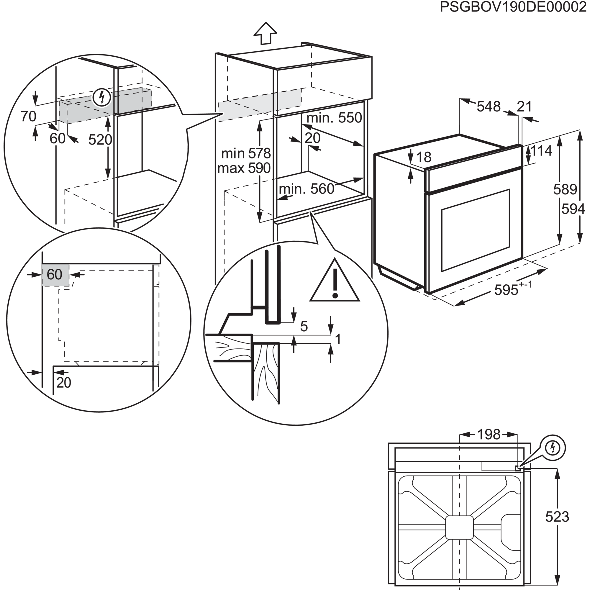 Rysunek techniczny z wymiarami urządzenia, w tym pomiary wysokości, szerokości i głębokości, ze symbolem zagrożenia elektrycznego.