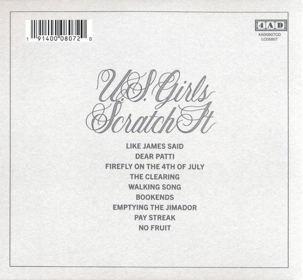 Albumcover mit dem Titel "U.S. Girls Scratch It". Es listet Songtitel wie "Like James Said" und "Firefly on the 4th of July" auf.