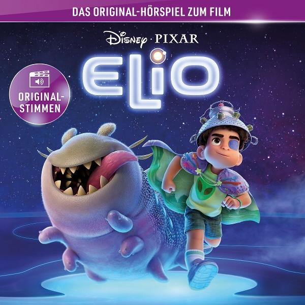 Elio-Filmplakat. Ein Junge in einem grünen Alien-Shirt rennt neben einem lilafarbenen Monster. Das Disney Pixar-Logo befindet sich oben.