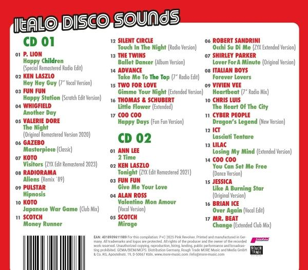 CD-Cover mit Titellisten von 'Italo Disco Sounds'. Rotes und weißes Design. Enthält Künstler- und Songtitel.
