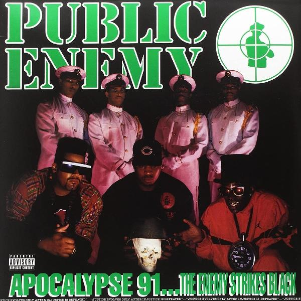 Pochette de l'album de Public Enemy. Six hommes en uniforme. Le texte comprend "Public Enemy" et "Apocalypse 91...".