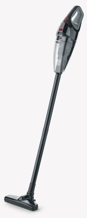 Czarno-szary odkurzacz ręczny stoi na białym tle. Ma długi uchwyt i głowicę czyszczącą.