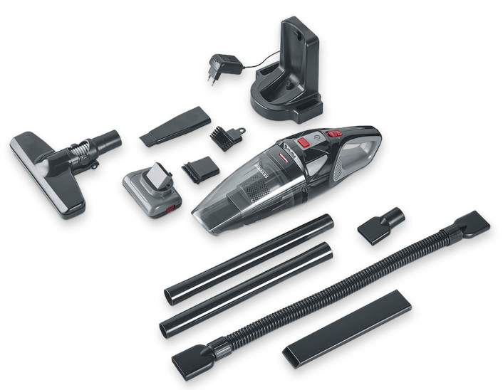 Czarno-szary odkurzacz bezprzewodowy z wieloma akcesoriami, w tym stacją ładującą, dyszami i rurami przedłużającymi, na białym tle.