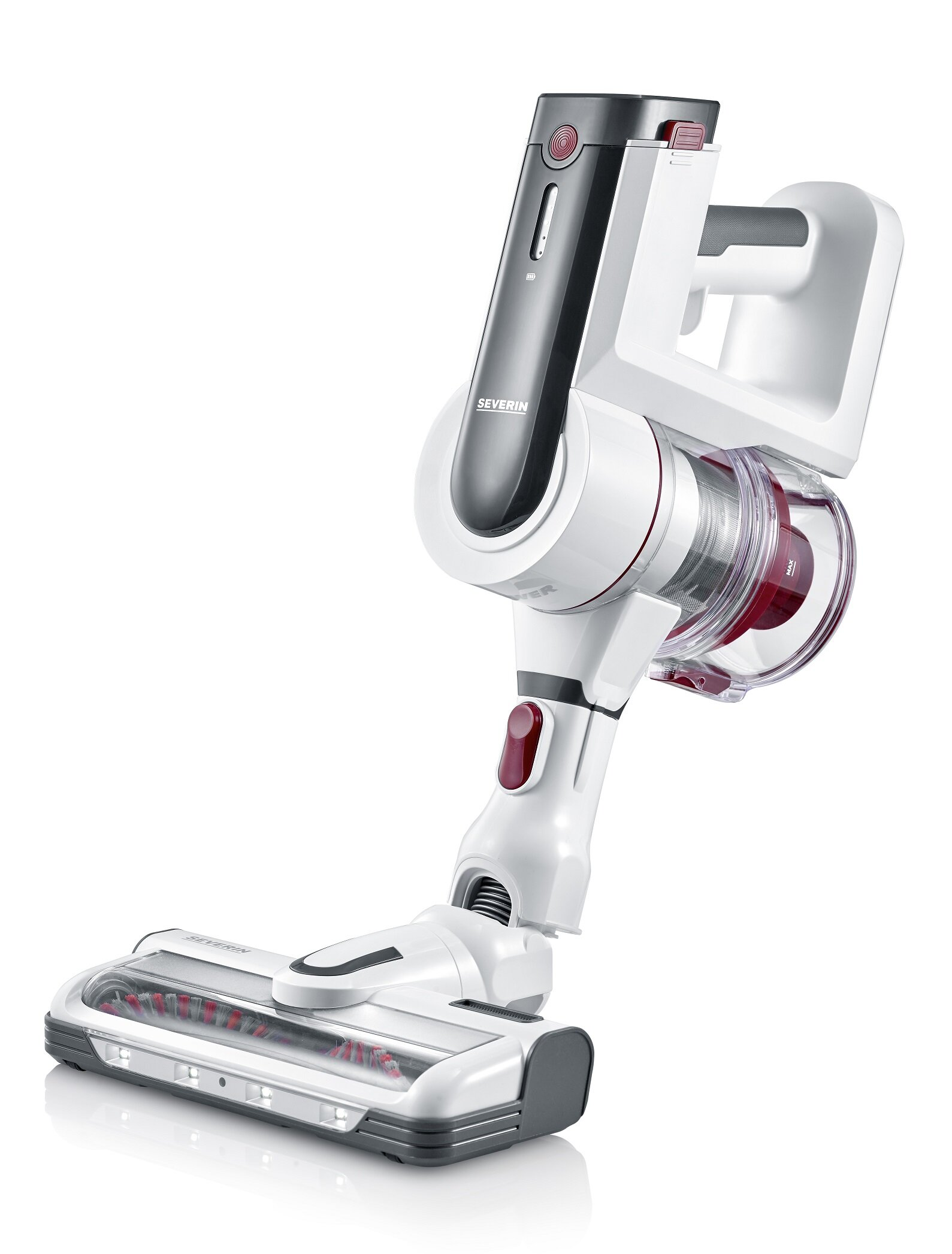 Biało-czarny odkurzacz bezprzewodowy. Posiada czerwony przycisk zasilania i przezroczysty pojemnik na kurz. Marka Severin.