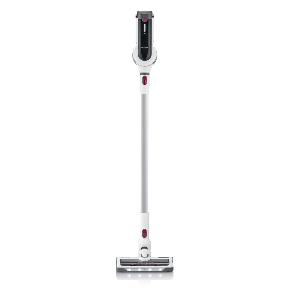 Biały i szary odkurzacz bezprzewodowy z czerwonymi akcentami stoi na białym tle.