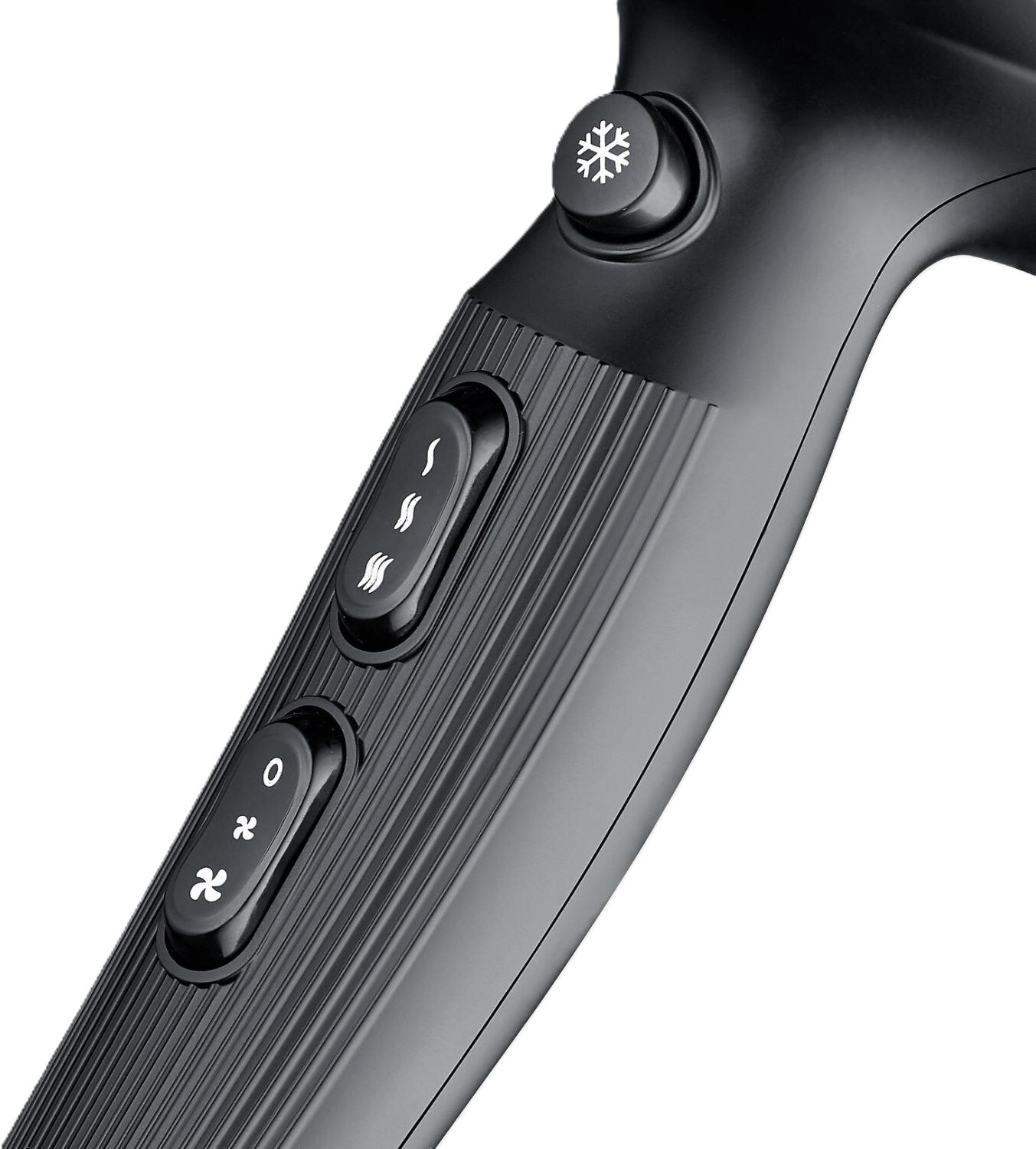Czarny uchwyt suszarki do włosów z przyciskami do kontroli temperatury i prędkości wentylatora, symbol płatka śniegu.