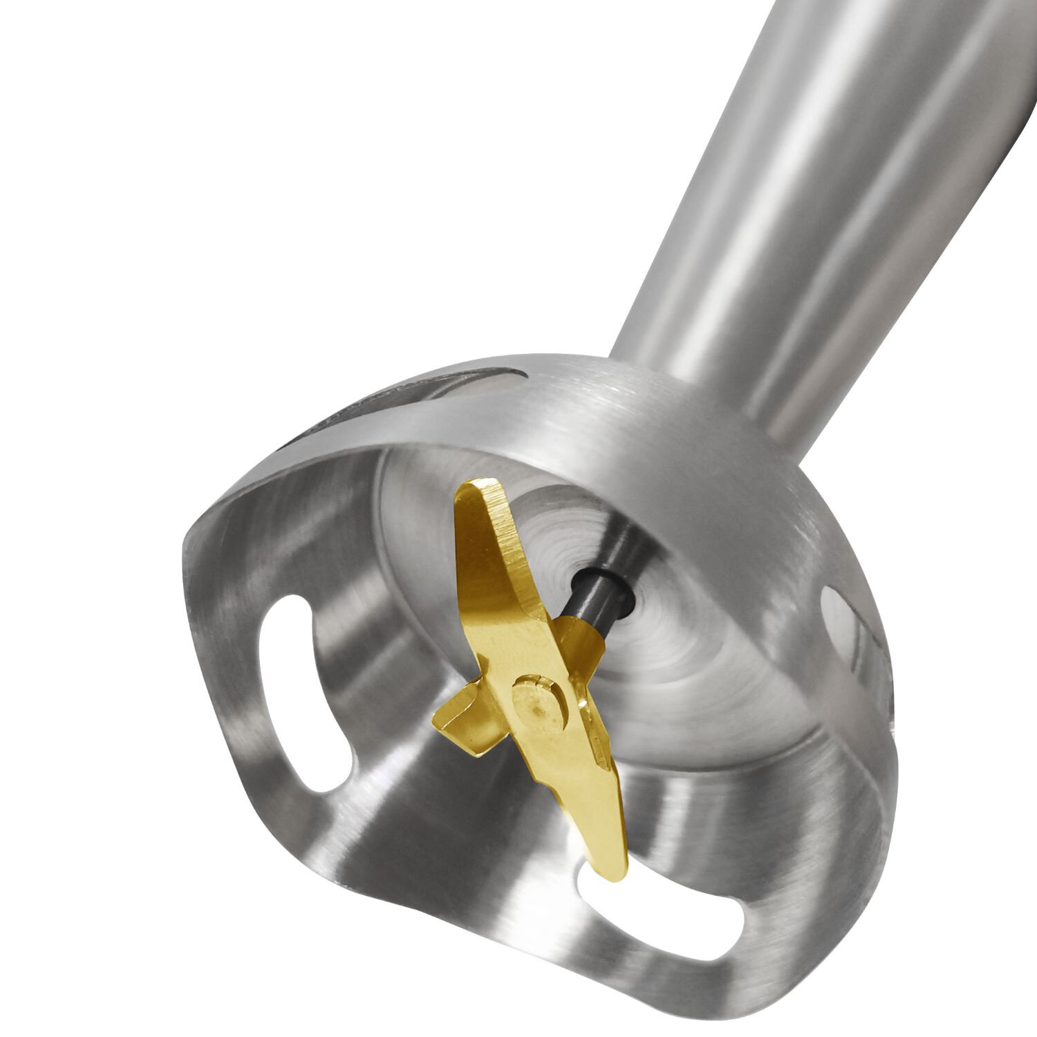 Zbliżenie srebrnego blendera ręcznego ze złotym ostrzem. Ostrze jest na środku, a uchwyt na górze.