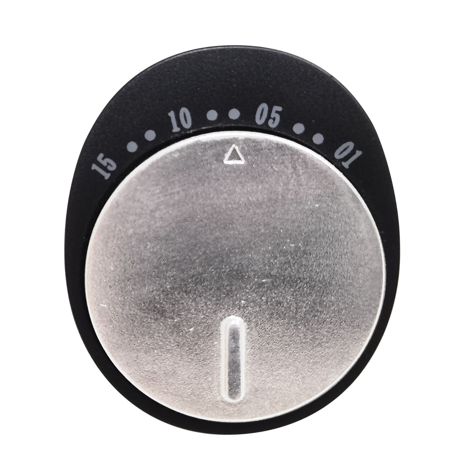 Czarny pokrętło z białymi cyframi 01, 05, 10 i 15. Srebrna tarcza w środku z białą linią wskaźnika.